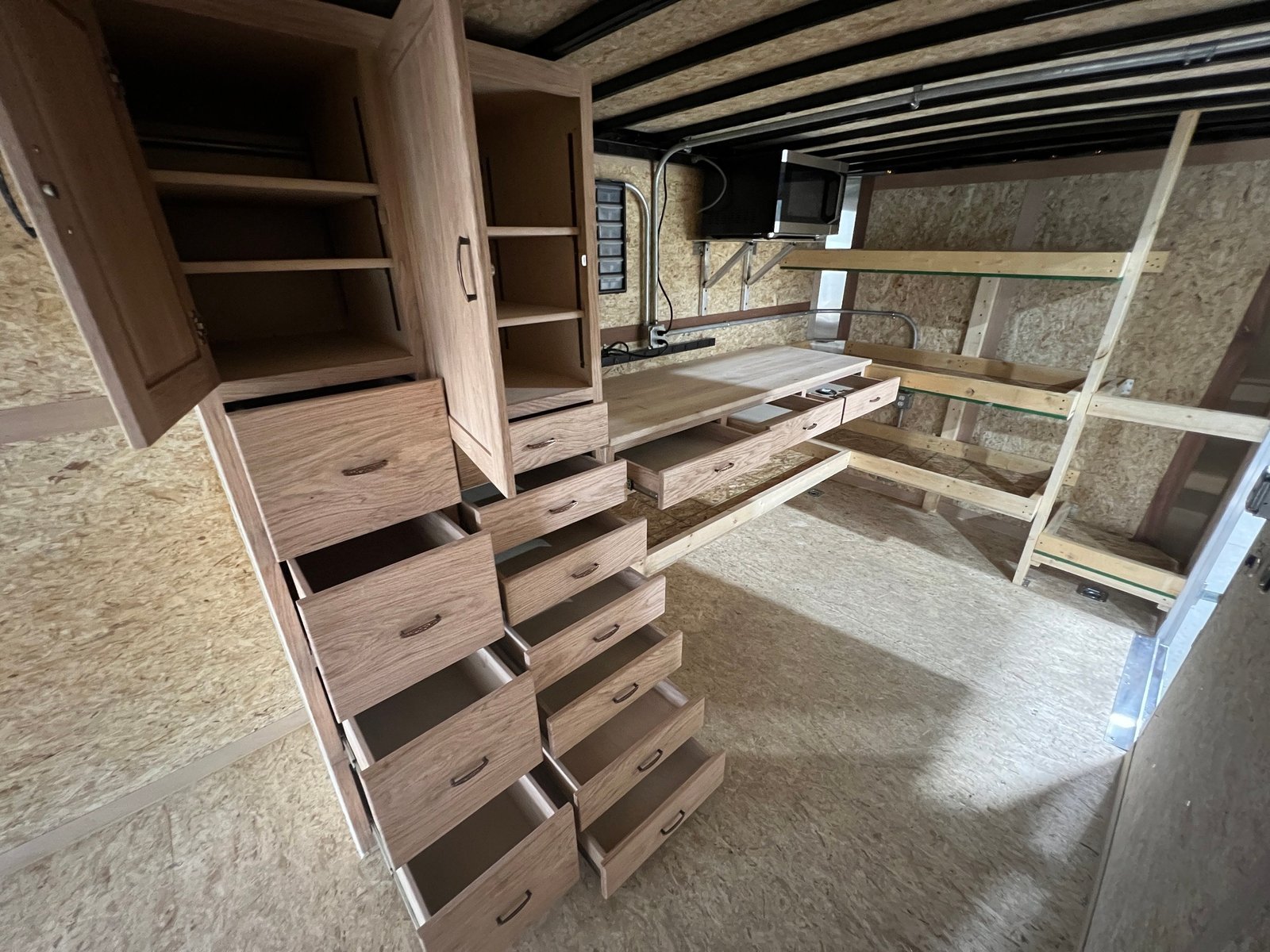 custom wooden cabinets installed in a trailer